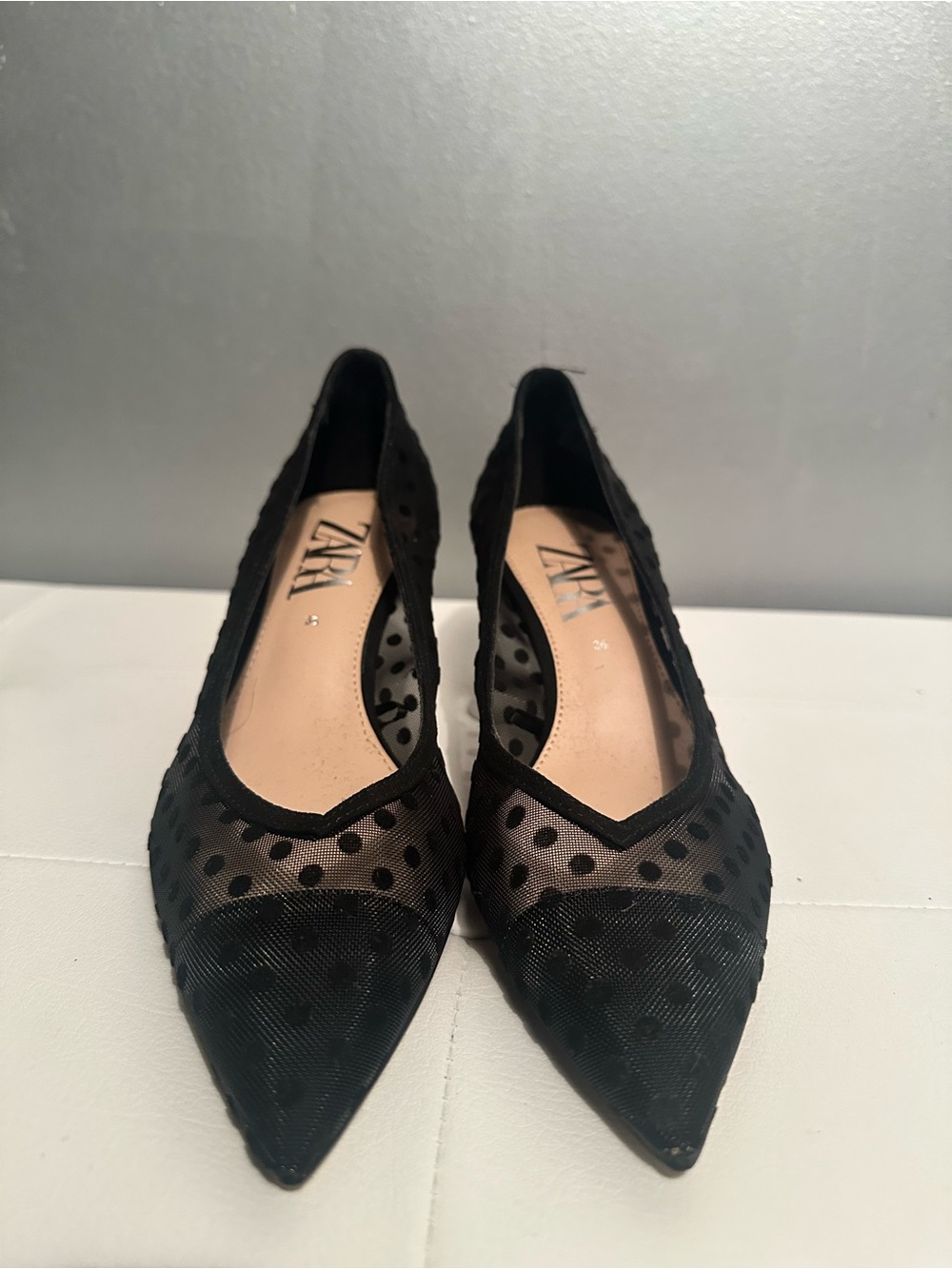 ZARA Black Sheer Polka Dot Pointed-Toe Kitten Heel Pumps